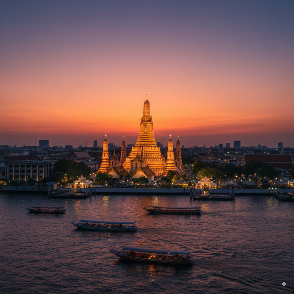 Wat Arun temple on Chao Phraya River at sunset Wat Arun temple on Chao Phraya River at sunset – iconic Thailand travel landmark