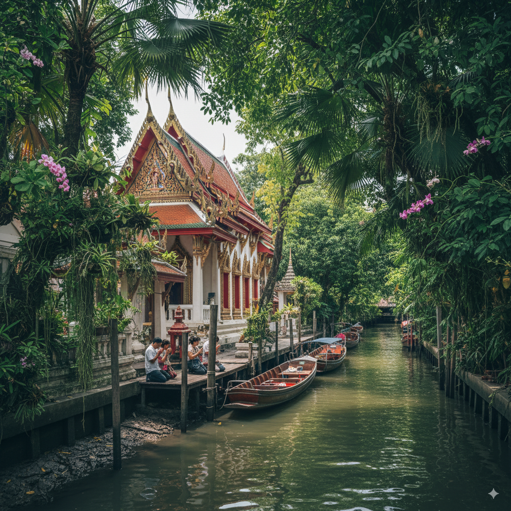 Peaceful hidden Thai temple by Bangkok canal with locals praying – authentic Thailand tourism experience